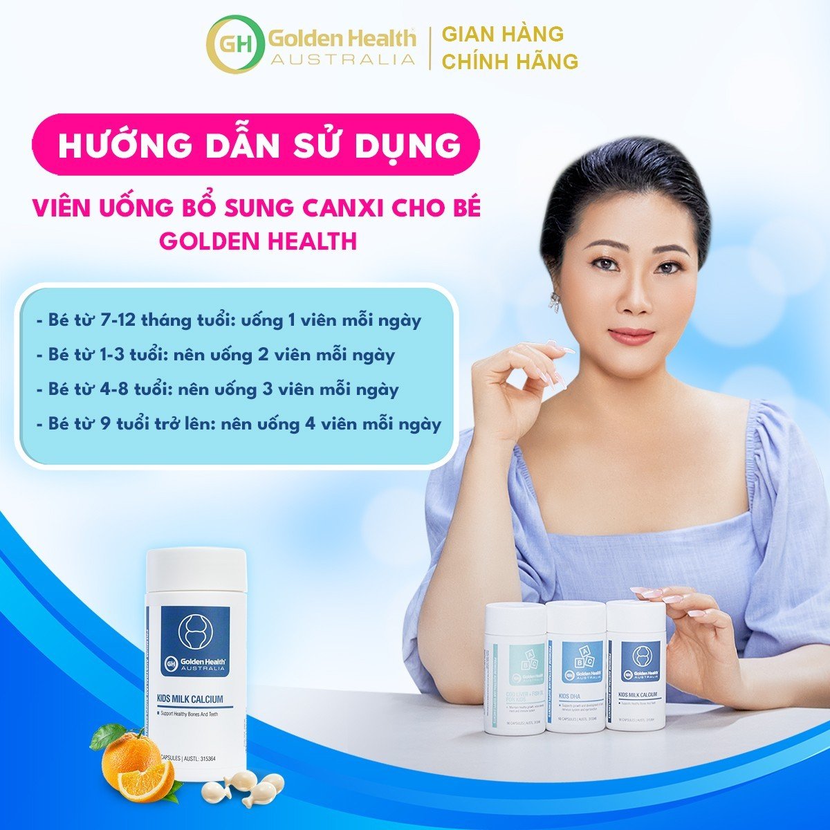 Viên Uống Hỗ Trợ Chắc Xương và Tăng Chiều Cao Cho Bé Golden Health Kids Milk Calcium Hộp 90 viên