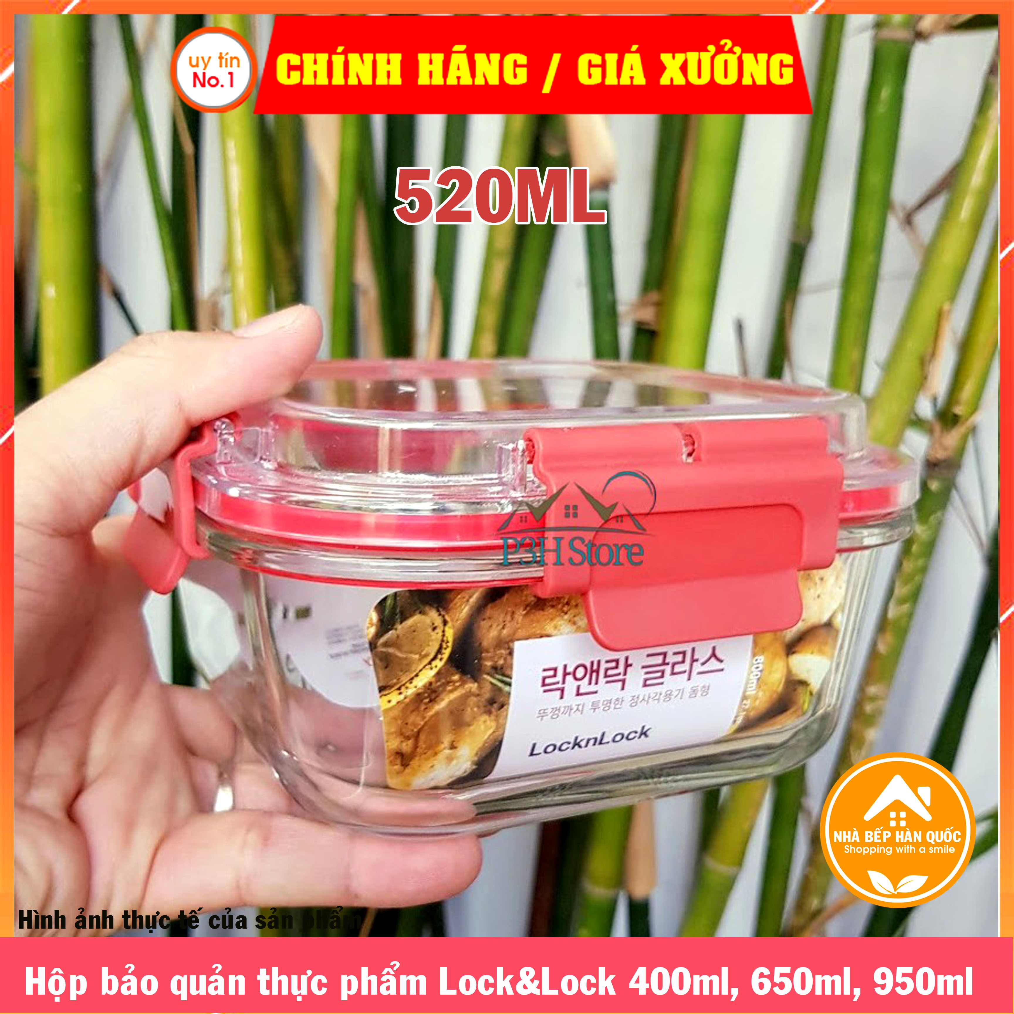 Hộp đựng thực phẩm Lock&amp;Lock chính hãng bằng thuỷ tinh LLG238 320ml LLG239 520ml LLG242 800ml nắp màu đỏ