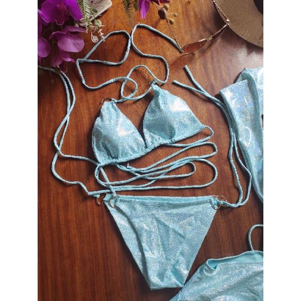 bikini đồ bơi đi biển màu xanh ngọc kim tuyến kem hình anh thật