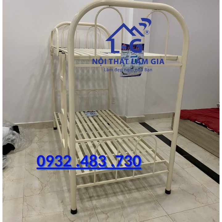 Giường Sắt 2 Tầng khung tròn rộng 1m2x1m2 màu kem sữa