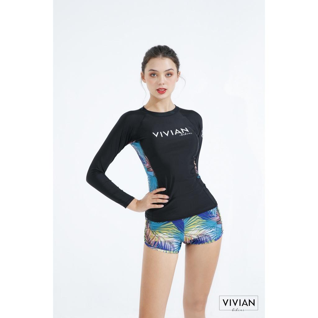 Áo bơi NỮ lẻ VIVIAN BIKINI kiểu tay dài hông phối cách điệu - Đen - VS160_BL