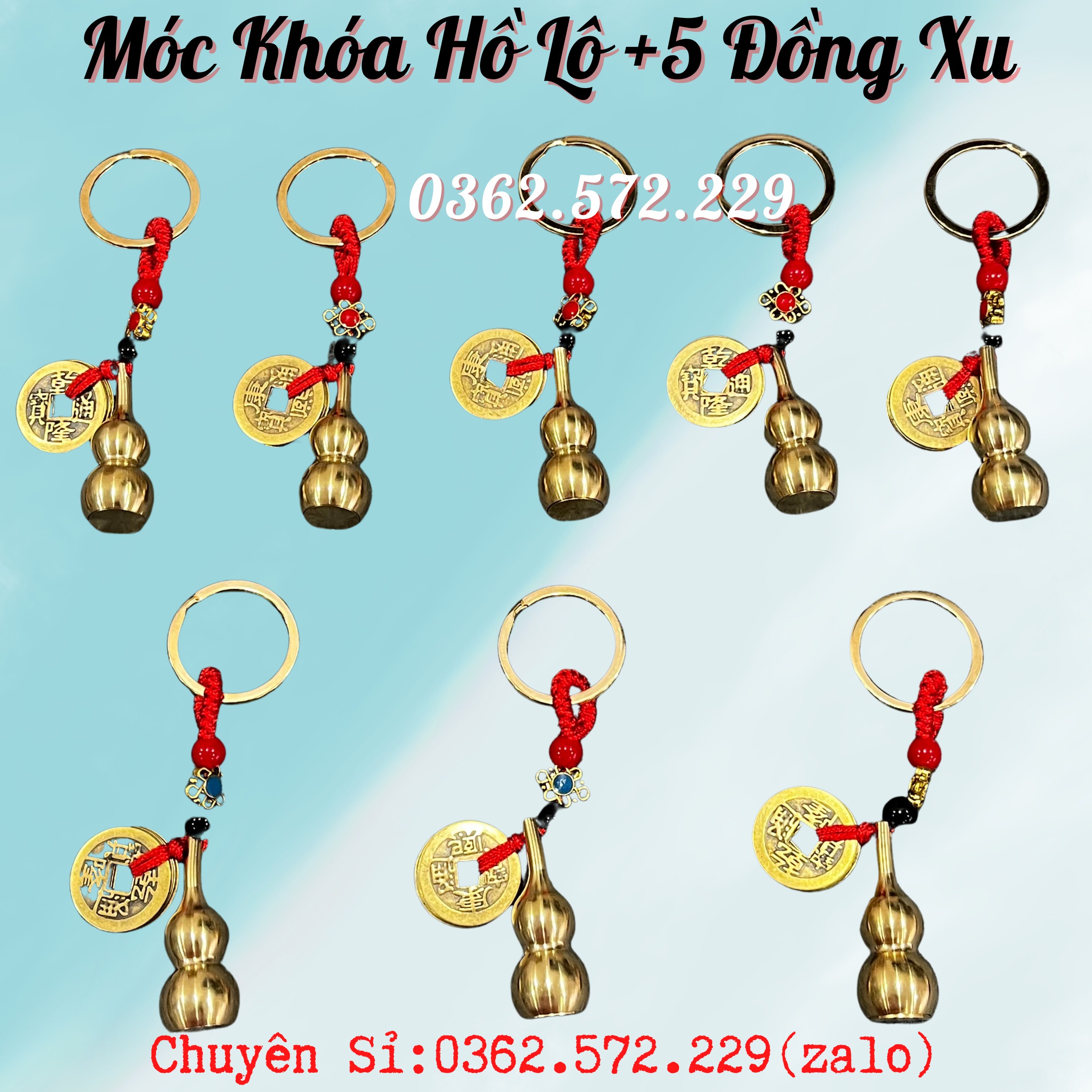 Móc khóa hồ lô đồng và 5 đồng xu phong thủy