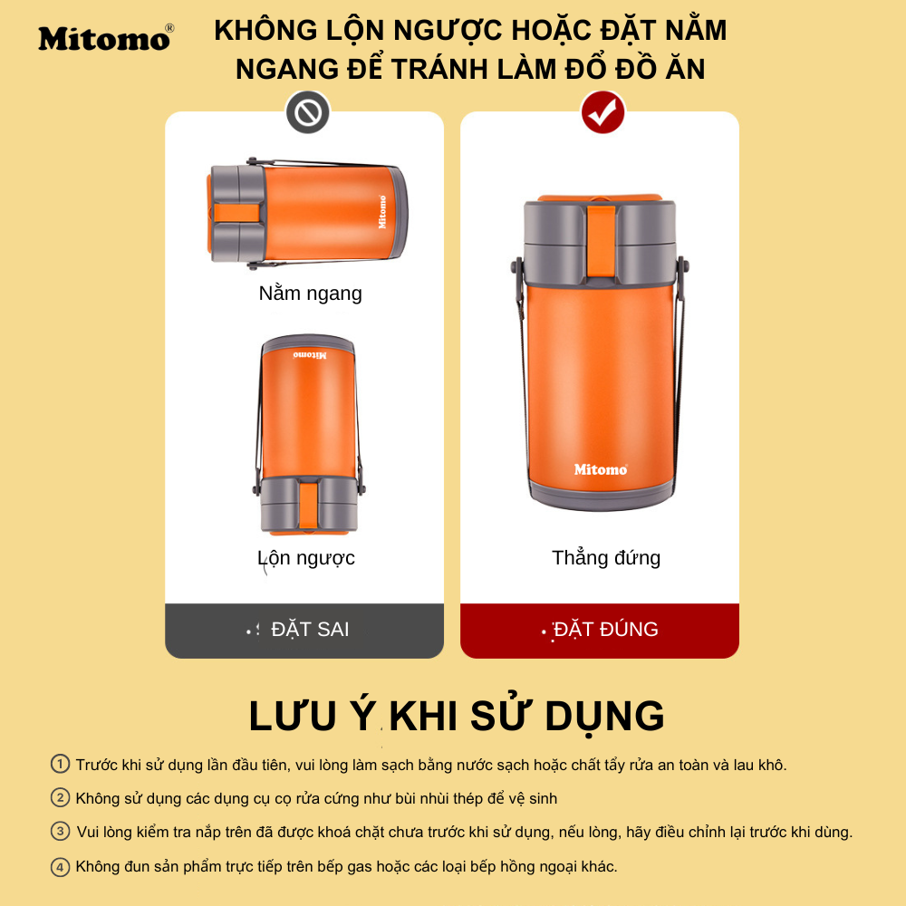 Lồng cơm giữ nhiệt, hộp cơm văn phòng Mitomo LCH-7086, cặp lồng chia 3 ngăn chất liệu inox 304 hàng chính hãng