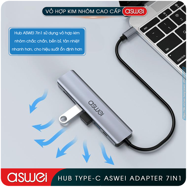 Hub Chuyển Đổi USB Type C ASWEI 7 in 1 To HDMI, USB 3.0, SD, TF, USB C, PD 100W - Hàng Chính Hãng