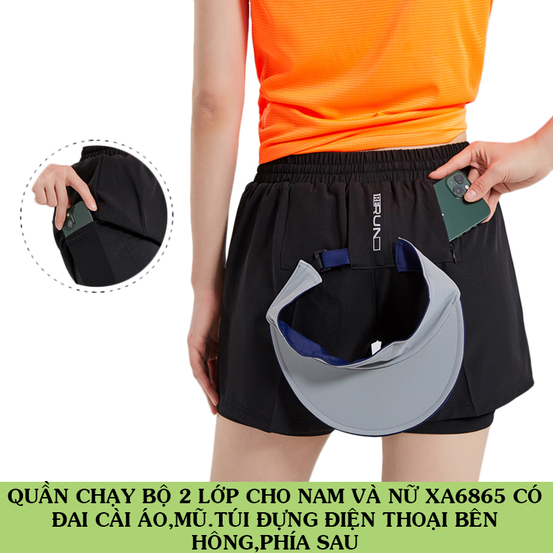 Quần chạy bộ 2 lớp cho nam và nữ XA6865 có đai cài áo,túi đựng điện thoại bên hông,phía sau