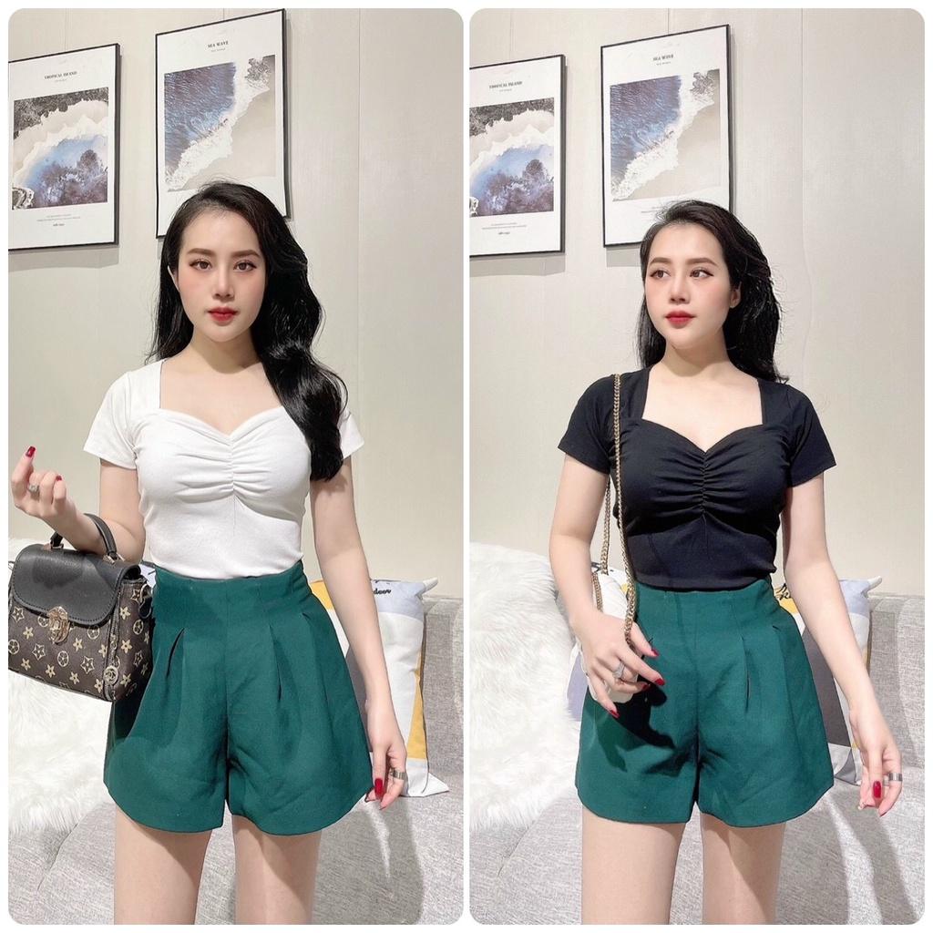 Áo thun nữ kiểu cổ vuông nhún ngực ôm body - Áo phông nữ tay ngắn chất thun cotton mềm mại tôn dáng