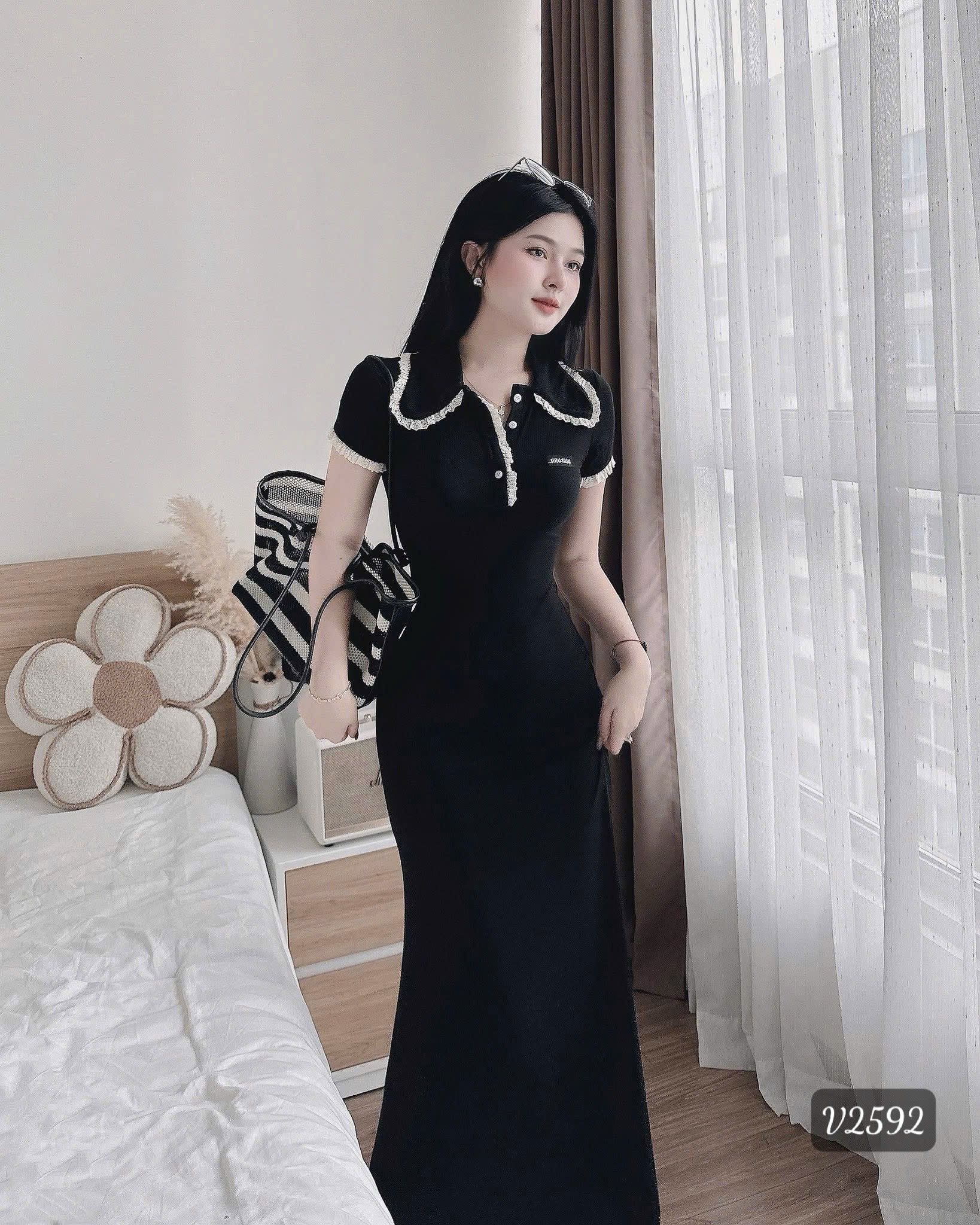 đầm thun gân - Đầm cổ bẻ tăm gân ôm body dáng dài