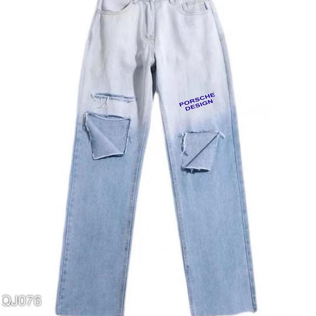 Quần jean baggy nữ loang màu in chữ cạp cao phong cách ulzzang - Quần bò baggy lưng cao loang màu rách gối in chữ