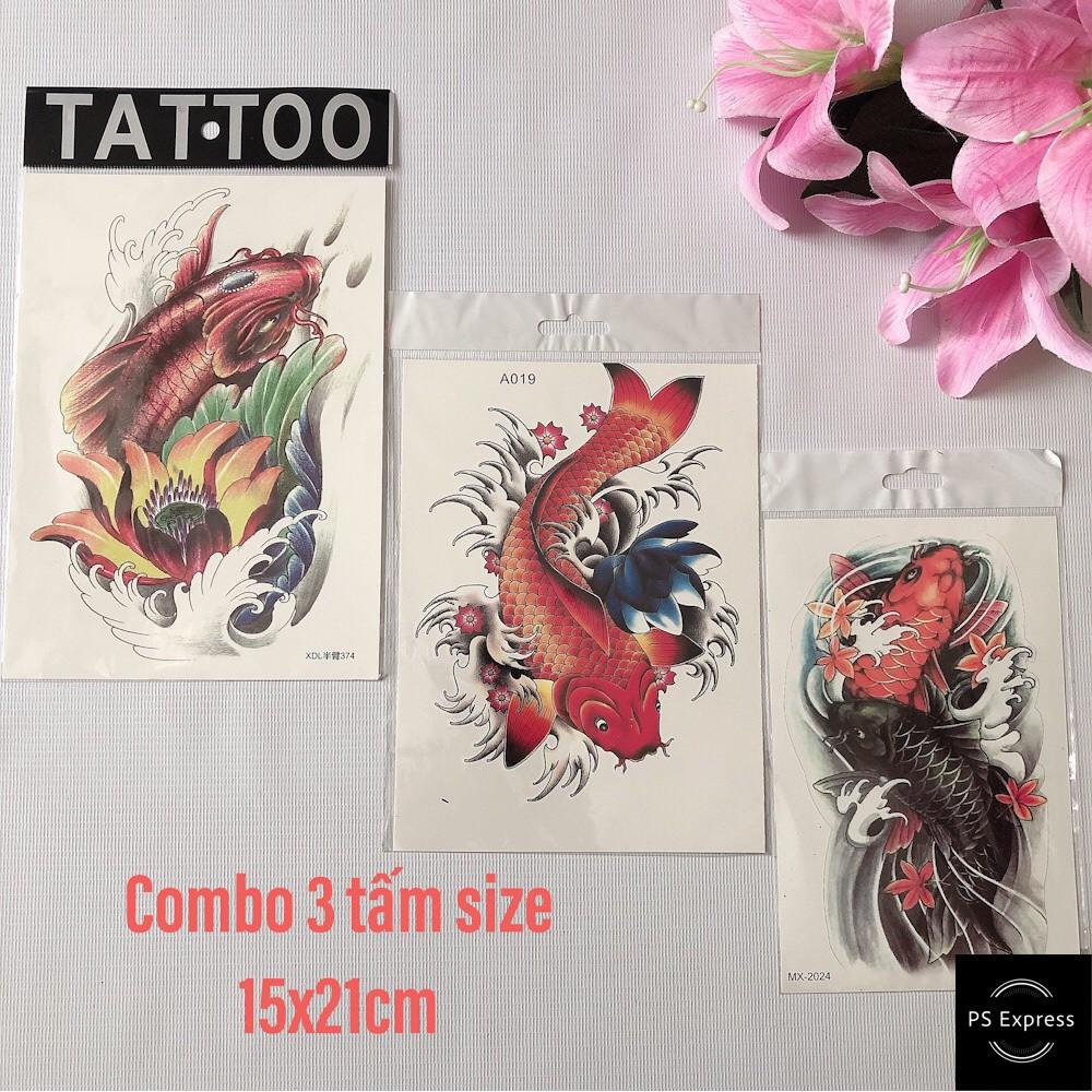 Combo 3 tấm hình xăm dán tattoo cao cấp 15X21cm CÁ CHÉP LƯỚT SÓNG CHỜ HÓA RỒNG (Tặng ngay 2 tấm khi mua từ 2 combo)
