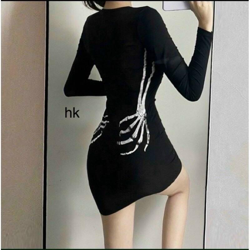 Đầm body in bàn tay xương tay dài chất thun borip siêu đẹp cao cấp C5N