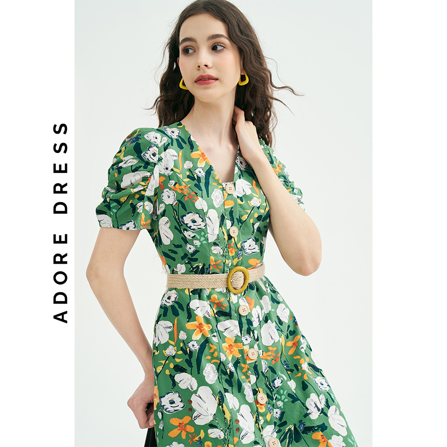 Đầm Mini dresses casual style thô lụa hoa to green 311DR1030  ADORE DRESS