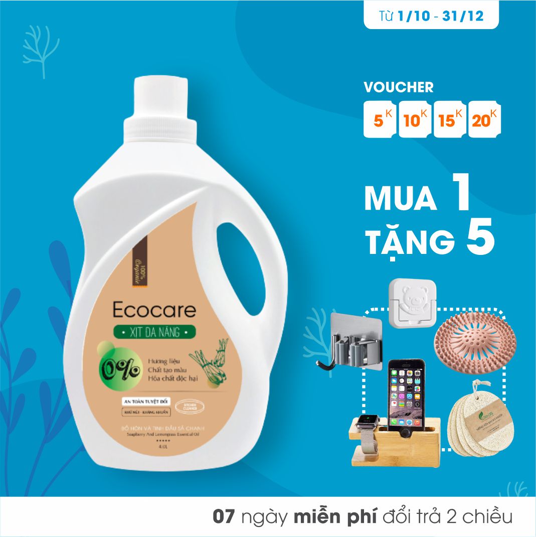 Xịt Chùi Rửa Đa Năng Bồ Hòn Hữu Cơ ECOCARE - Chai 4000ml - Diệt khuẩn, khử mùi, mọi chất liệu, đậm đặc hơn