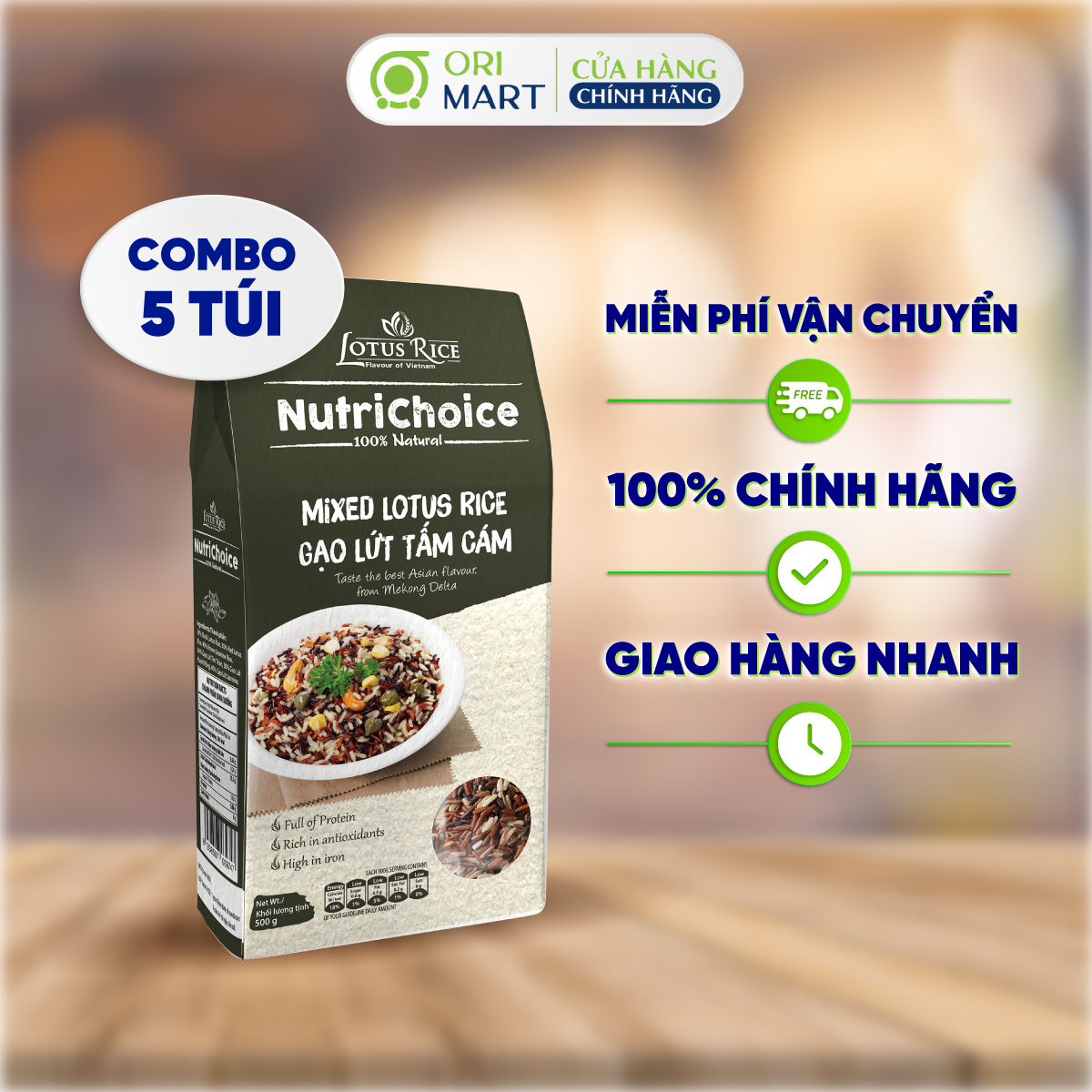 Combo 5 Gạo Tấm Cám Hữu Cơ NutriChoice Mix Lotus Rice  Gói 500g Thơm Ngon Giàu Dinh Dưỡng ORIMART