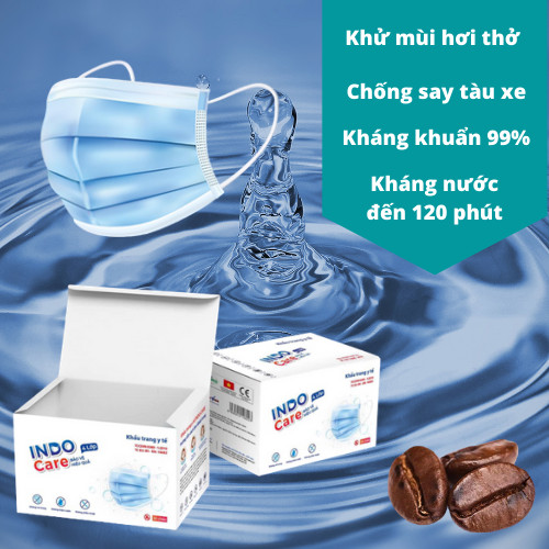 KHẨU TRANG Y TẾ INDO CARE - HƯƠNG CAFE, KHỬ MÙI HƠI THỞ/CHỐNG SAY TÀU XE / KHÁNG KHUẨN 99% - HỘP 50 CÁI