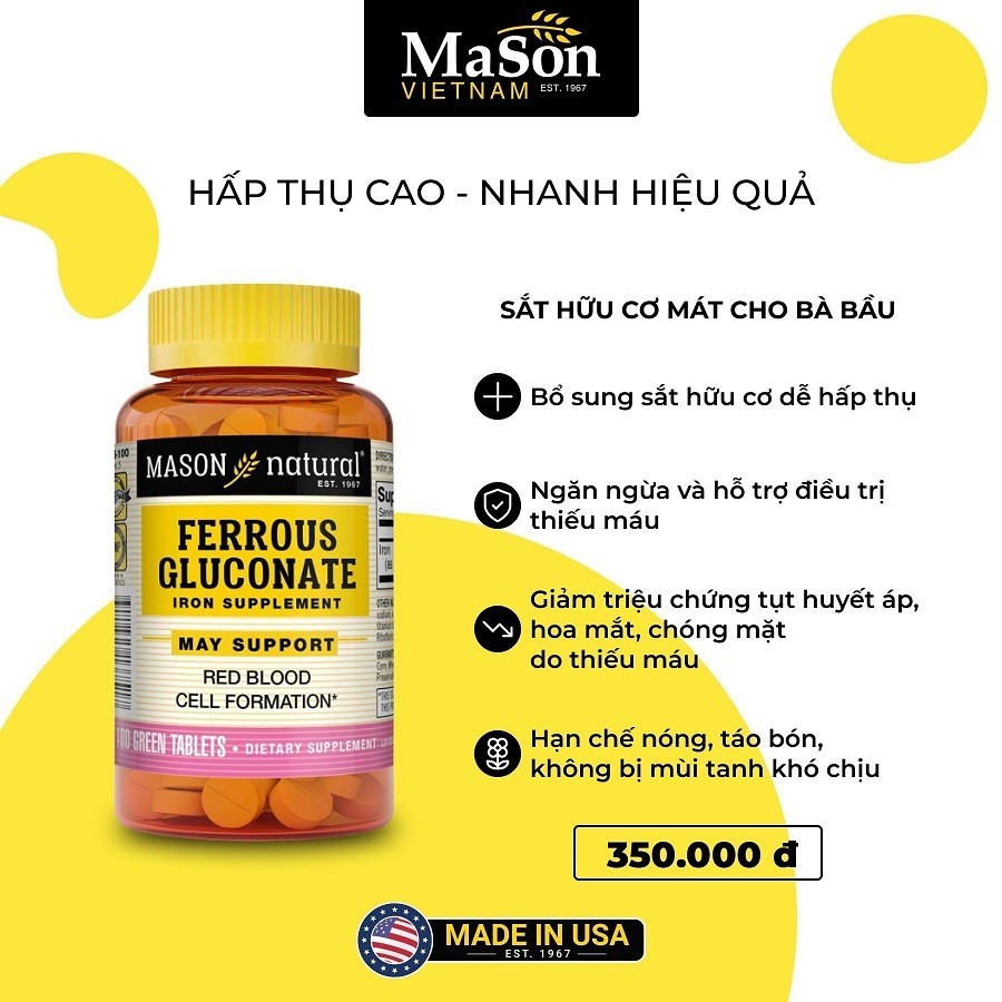 Viên Bổ Sung Sắt Mason Ferrous Gluconate - Giúp Giảm Nguy Cơ Thiếu Máu Do Thiếu Sắt (Hộp 100 Viên)