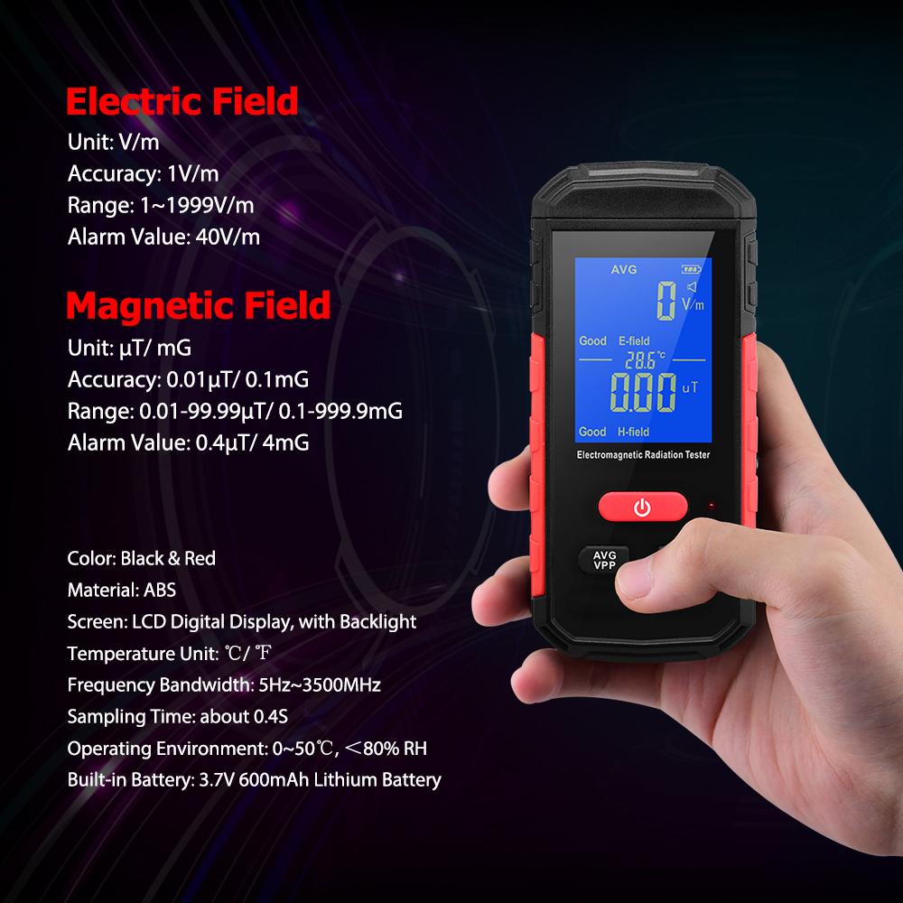 Digital Electromagnetic Radiation Tester EMF Meter LCD Backlight Portable Electric Magnetic Field Radiation Detection Alarm Average/ Peak Mode Rechargeable for Home Appliances Offices Industrial Workplaces