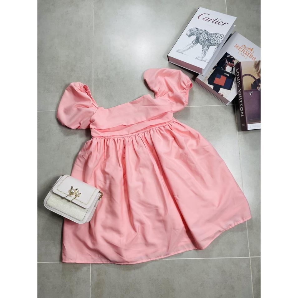 Đầm Babydoll cổ Vuông xếp ngực cột nơ lưng 2 lớp vải dày dặn , váy babydoll ulzzang Hàn Quốc trên gối dáng xòe bánh bèo