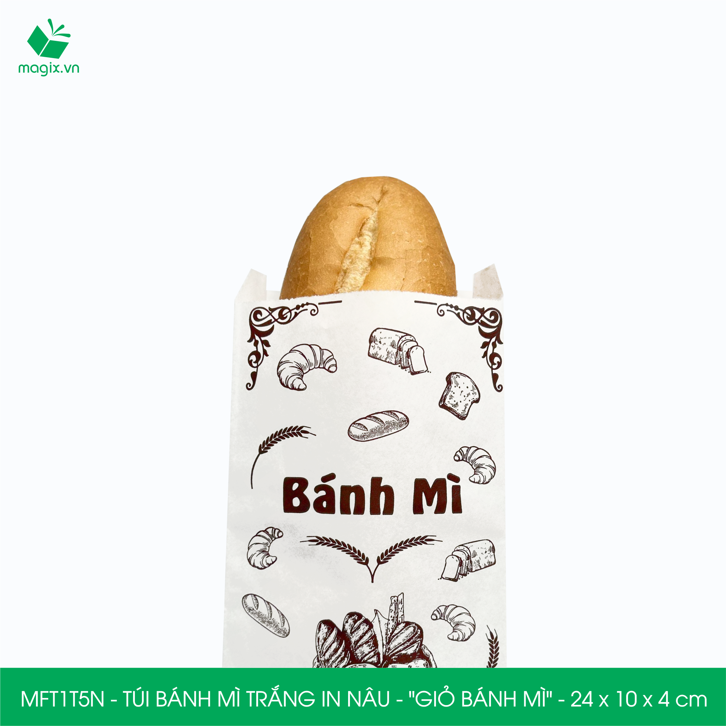 MFT1T5N - 24x10x4 cm - 200 Túi bánh mì Trắng, in sẵn họa tiết GIỎ BÁNH MÌ - Bao bánh mì Túi giấy thực phẩm an toàn