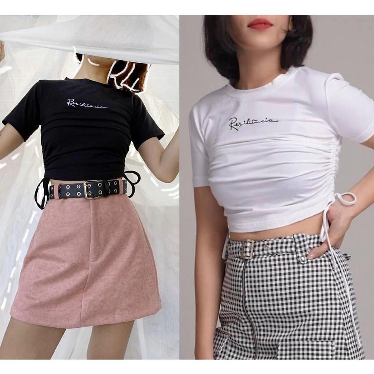 ÁO THUN CROPTOP ÔM BODY RÚT DÂY THÊU CHỮ - Trắng