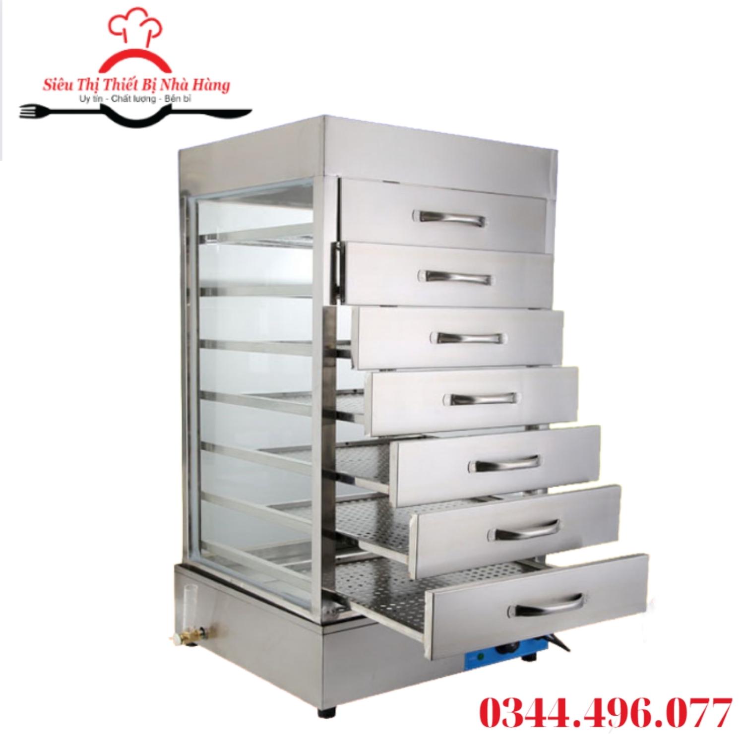 Tủ hấp nóng và trưng bày bánh bao dùng điện loại 7 tầng inox chắc chắn, không bị hấp hơi , đọng nước