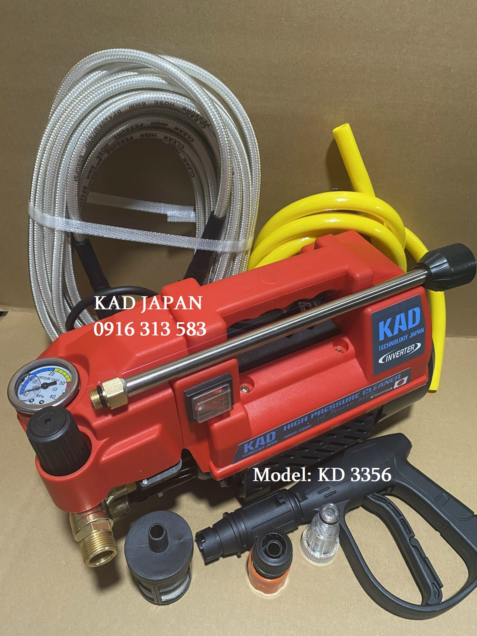 Máy rửa xe áp lực cao KAD JAPAN-KD3356, Công suất mạnh, Điều chỉnh được áp lực phun, Phù hợp cho mọi công việc, Dây áp lực cao 15m(Giao màu ngẫu nhiên)