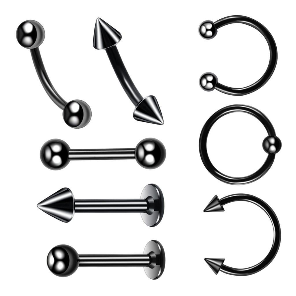 8 Pieces Black Nose Lip Tongue Studs Eyebrow Tragus Ring Piercings 16g 6mm