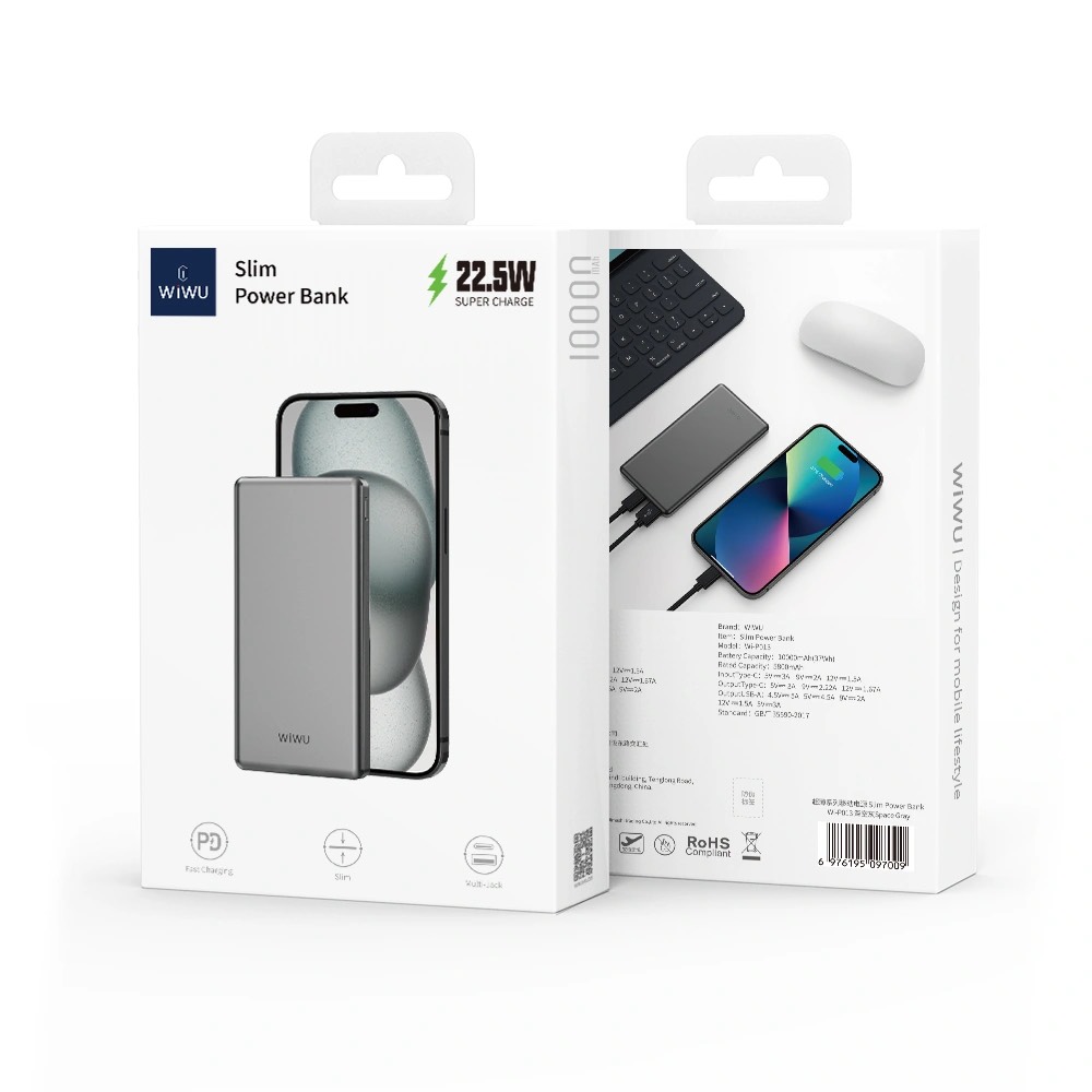 PIN DỰ PHÒNG WiWU UTRA SLIM 11mm POWER BANK 10000mAh WI-P013, cho điện thoại, máy tính bảng thiết kế siêu mỏng 12mm - Hàng chính hãng