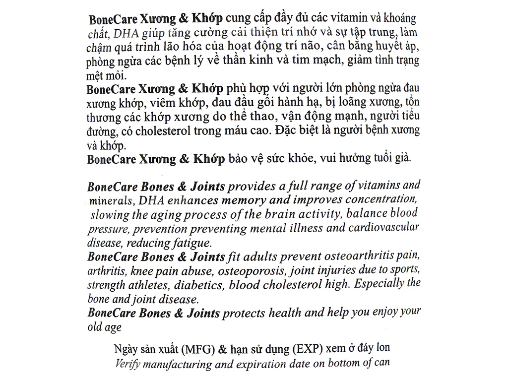 Sữa bột Bonecare dưỡng chất cho xương và khớp dành cho người từ 30 tuổi trở lên phòng ngừa đau xương khớp, viêm khớp, đặc biệt là người bệnh xương và khớp