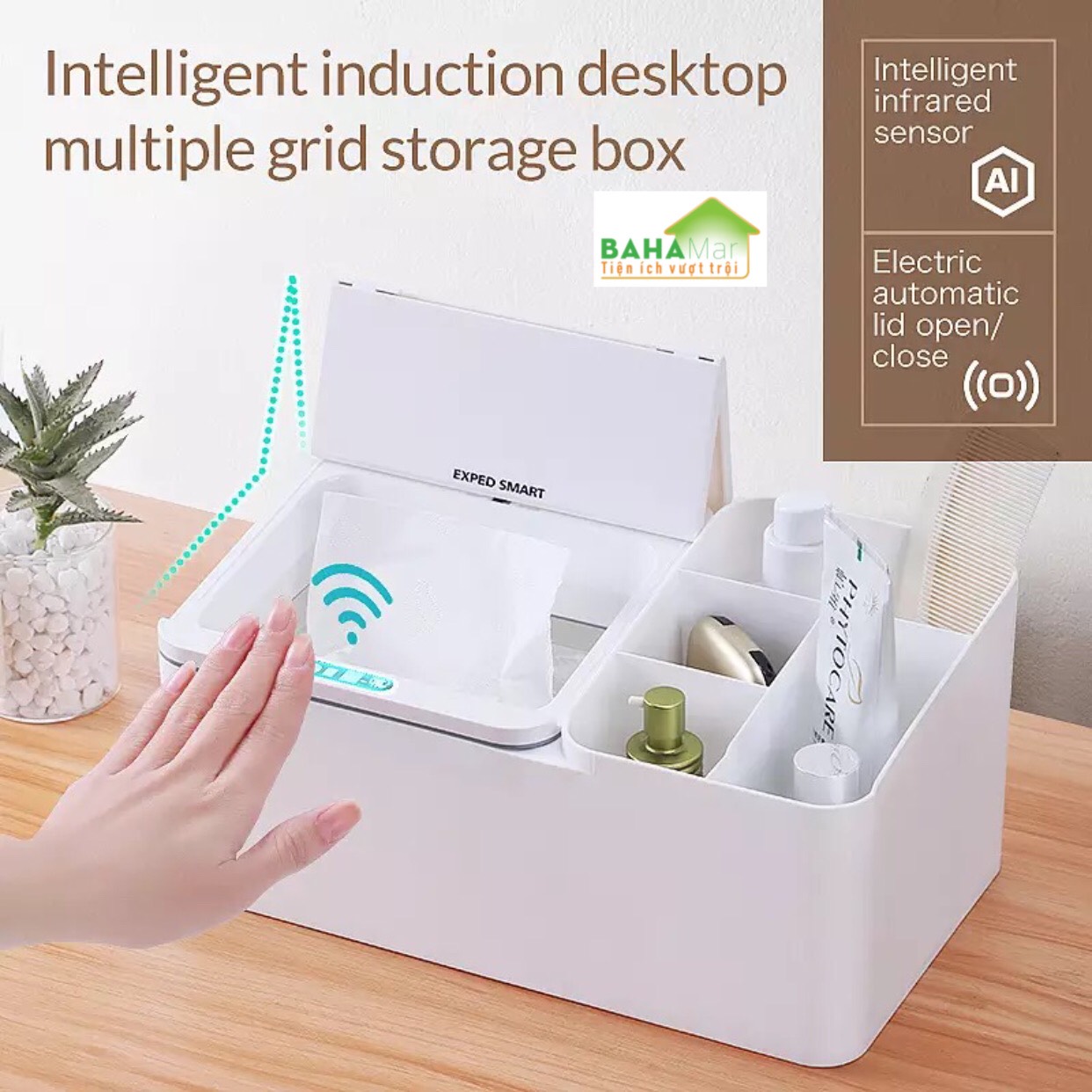 HỘP ĐỂ BÀN ĐA NĂNG CẢM ỨNG THÔNG MINH TỰ ĐỘNG BẬT MỞ NẮP "BAHAMAR" thích hợp sử dụng để nhiều thứ cho gọn gàng ngăn nắp