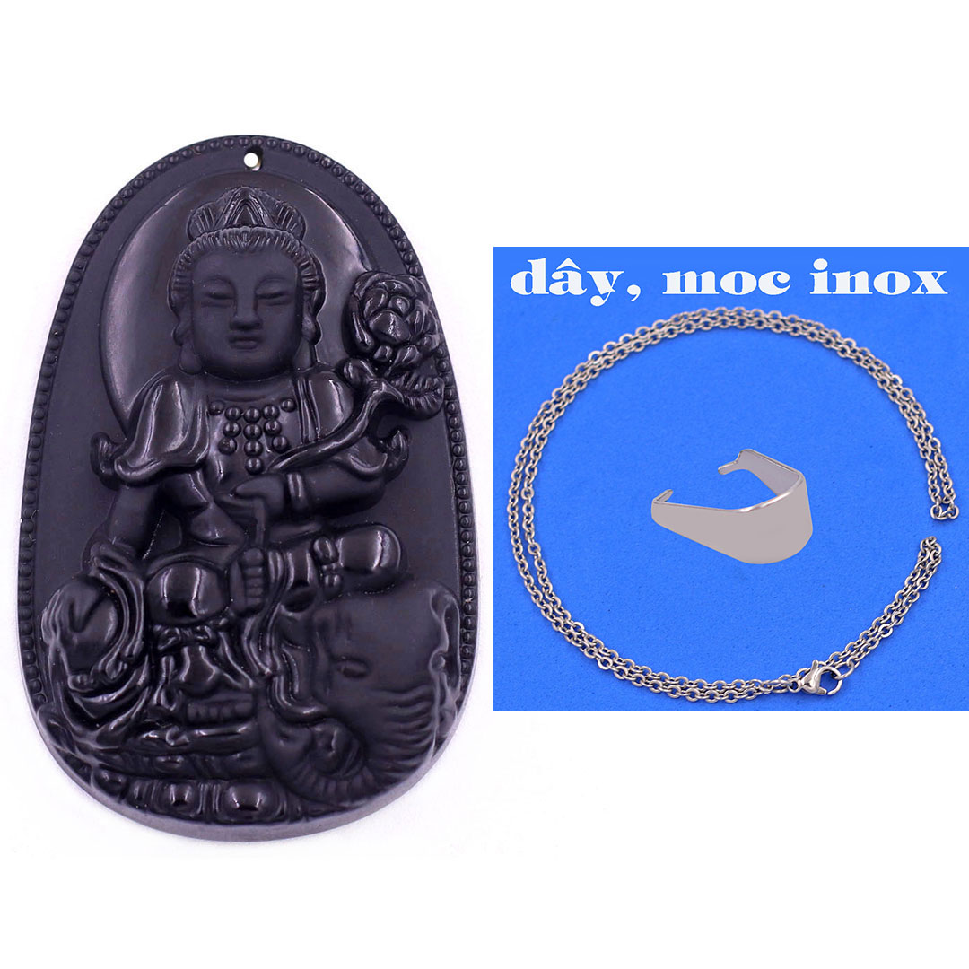 Mặt Phật Phổ hiền đá thạch anh đen 3.6 cm kèm móc và dây chuyền inox, Mặt Phật bản mện