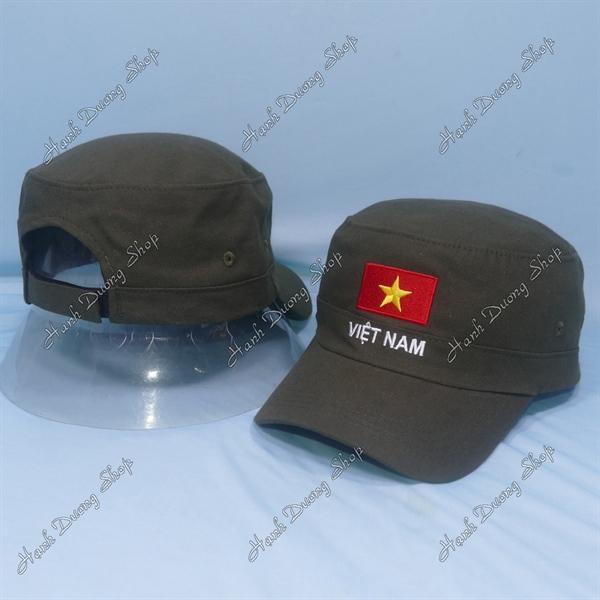 Nón lính mũ lưỡi trai đầu bằng thêu chữ Việt Nam phía sau khóa dán - Nâu