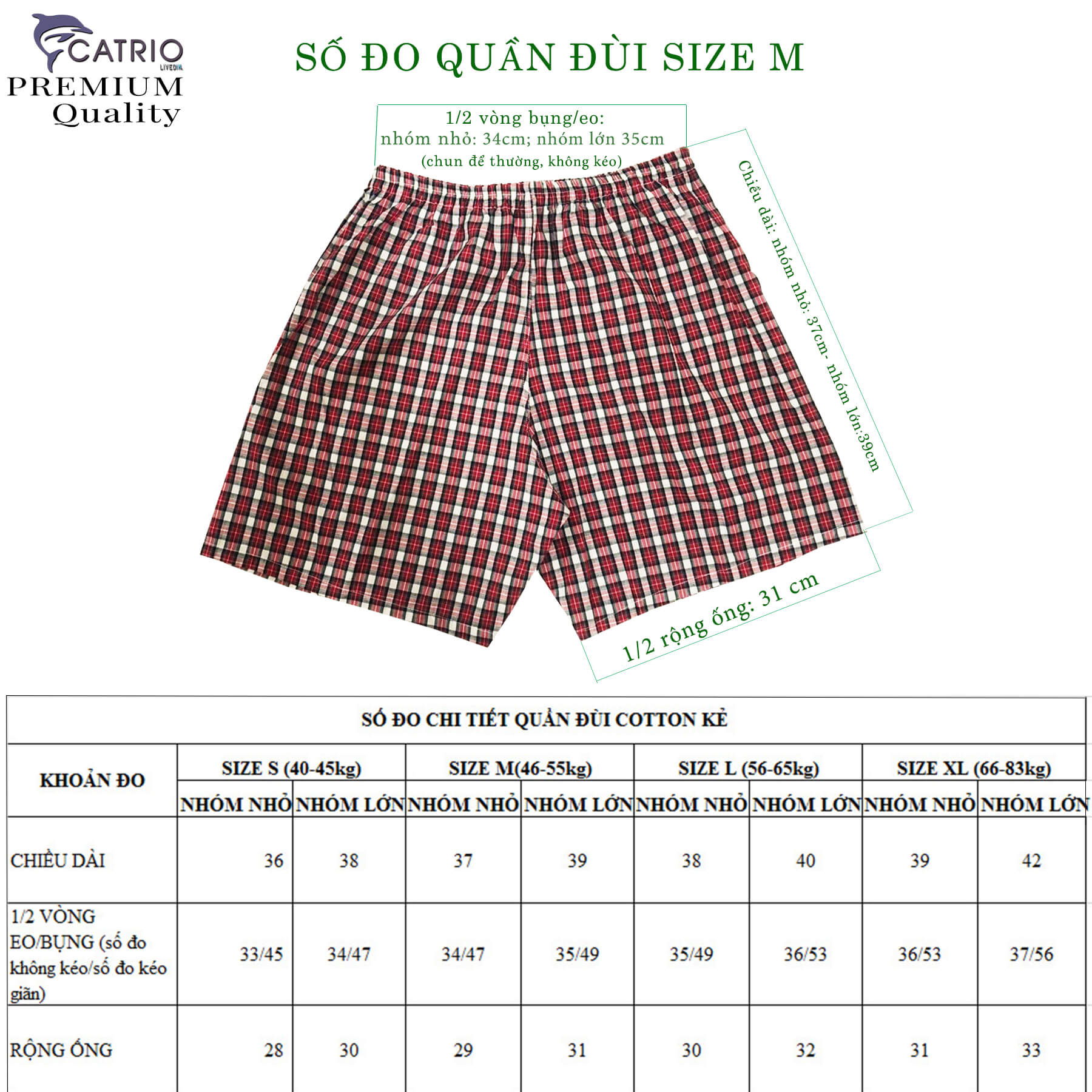 QUẦN ĐÙI NAM CATRIO màu 7 là quần ngủ cho bố, quần ngắn của ông già, người trung niên từ 40KG...83KG làm từ vải áo sơ mi còn dư, chất liệu đẹp, đường may rất kỹ, kiểu dáng có phần chứa mông đầy đủ phù hợp mặc ở nhà, đi ngủ, lót trong của người cao tuổi