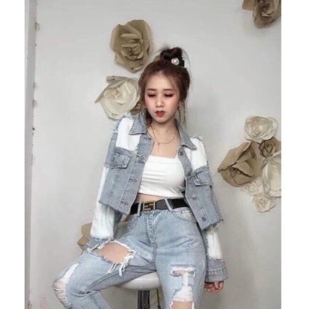 Áo khoác nữ chất jean cao cấp thời trang form dưới 58Kg xanh- vai đắp