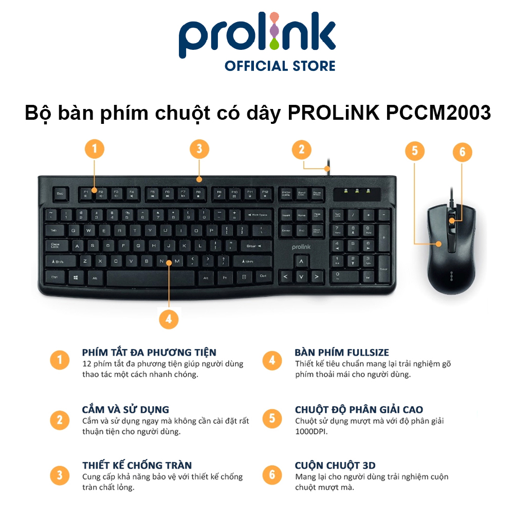 Bộ bàn phím chuột có dây PROLiNK PCCM2003 Fullsize cao cấp, chống thấm nước, độ nhạy cao dành cho máy tính, Laptop - Hàng chính hãng