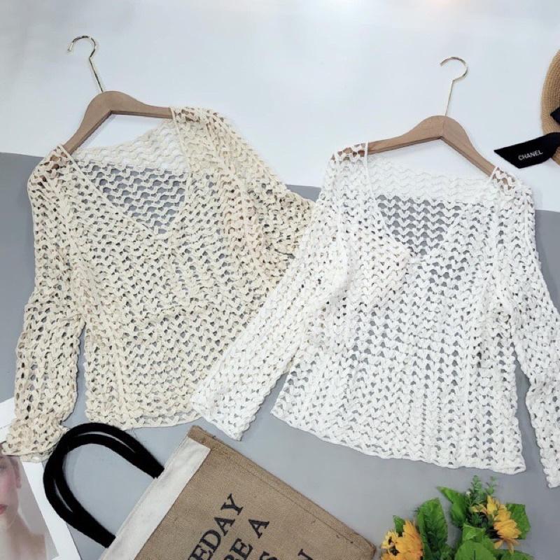07-Set bộ bikini ren đi biển 3 món bra-áo lưới ngoài-quần sóc