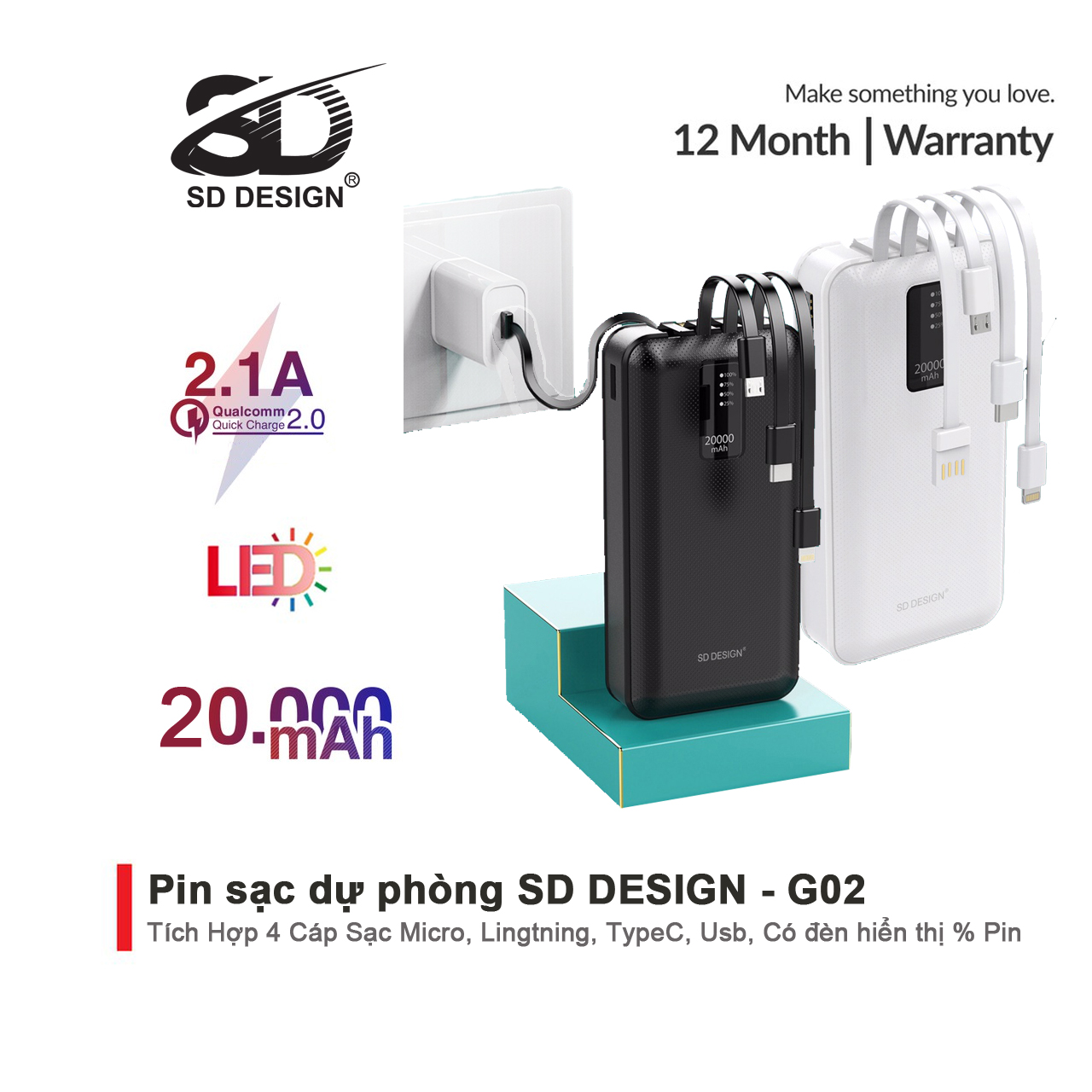 Sạc Dự Phòng đa năng dung lượng 20.000 mAh SD DESIGN G02 Tích Hợp 4 Cáp Sạc Micro, Lingtning, TypeC - Hàng chính hãng