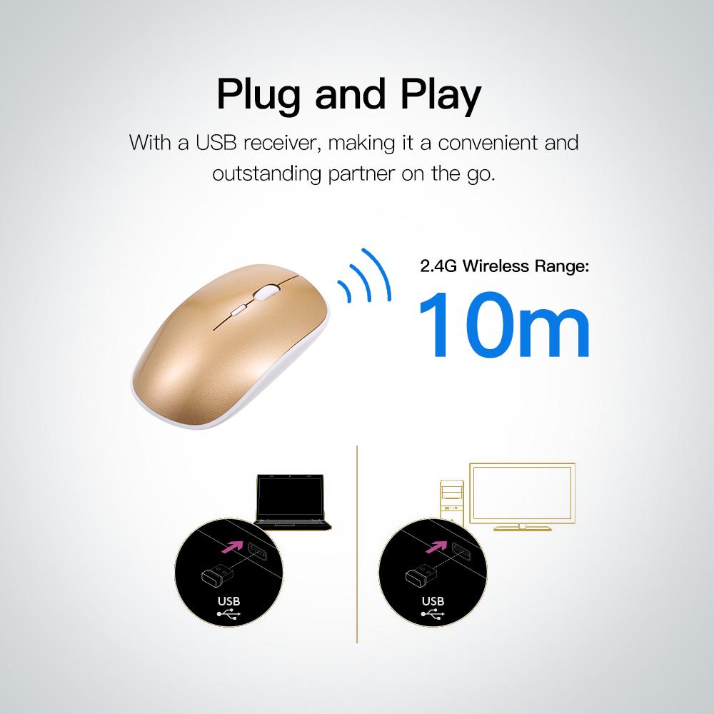 Chuột không dây 2.4G 1600DPI Chuột quang có thể sạc và di động với đầu thu USB 4 nút dành cho máy tính xách tay PC