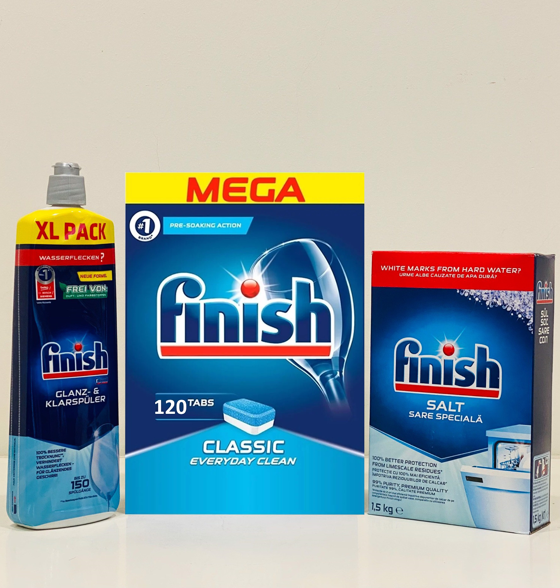 Combo viên rửa bát Finish 120 viên + muối rửa bát Finish 1,5kg + Nước làm bóng bát finish 750ml