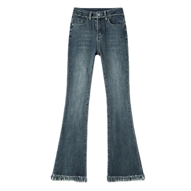 Quần jeans cạp cao ống loe EMIX, dáng dài, trơn, tua viền tua rua 6872