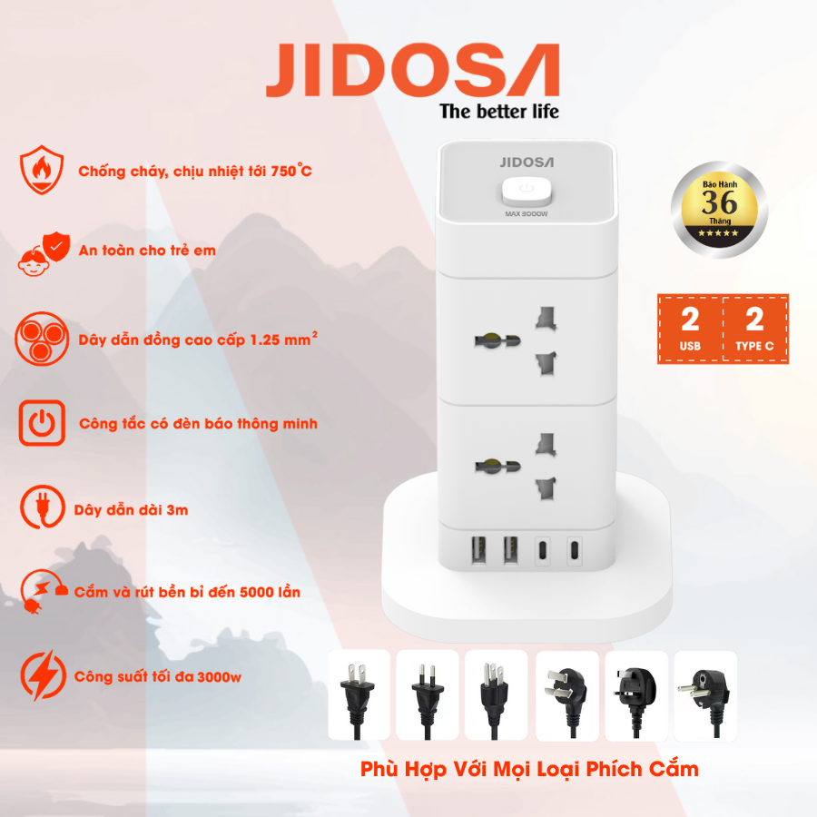 Ổ cắm điện tháp vuông đa năng thông minh JIDOSA JDT814T 8 Ổ cắm tải 3000W USB - Type C dây dài 3m