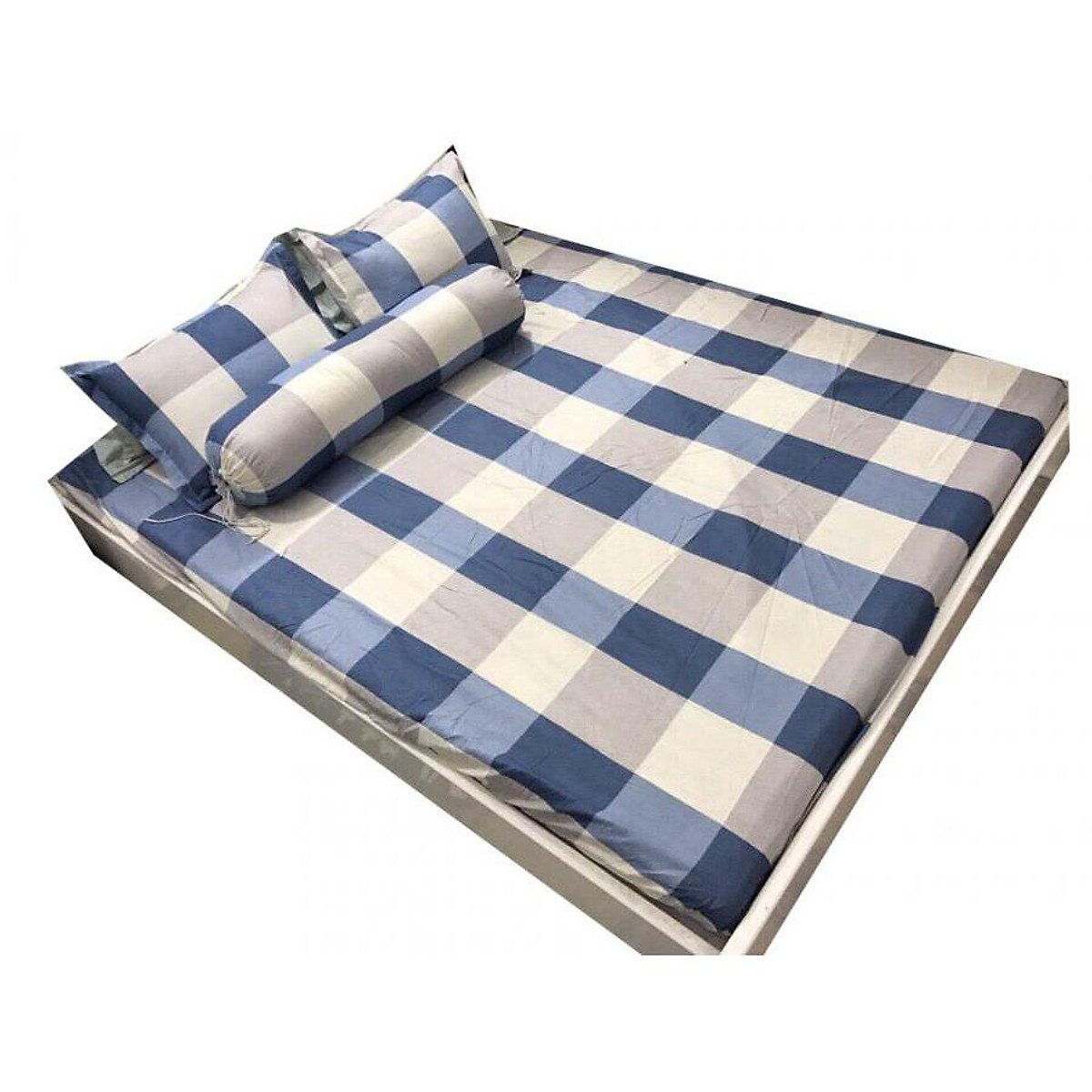 Set 4 món Ga gối Cotton Poly Kẻ Caro Diêm phong cách Hàn Quốc - Tặng 1 bàn chải Bossi