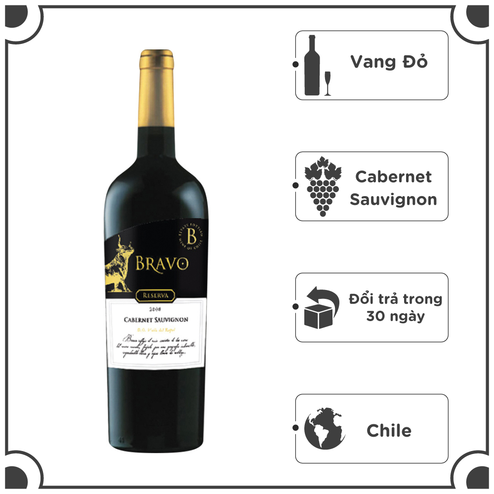 Rượu Vang Đỏ Chile Bravo Cabernet Sauvignon Reserva 750ml 13% - 15% - Không Hộp