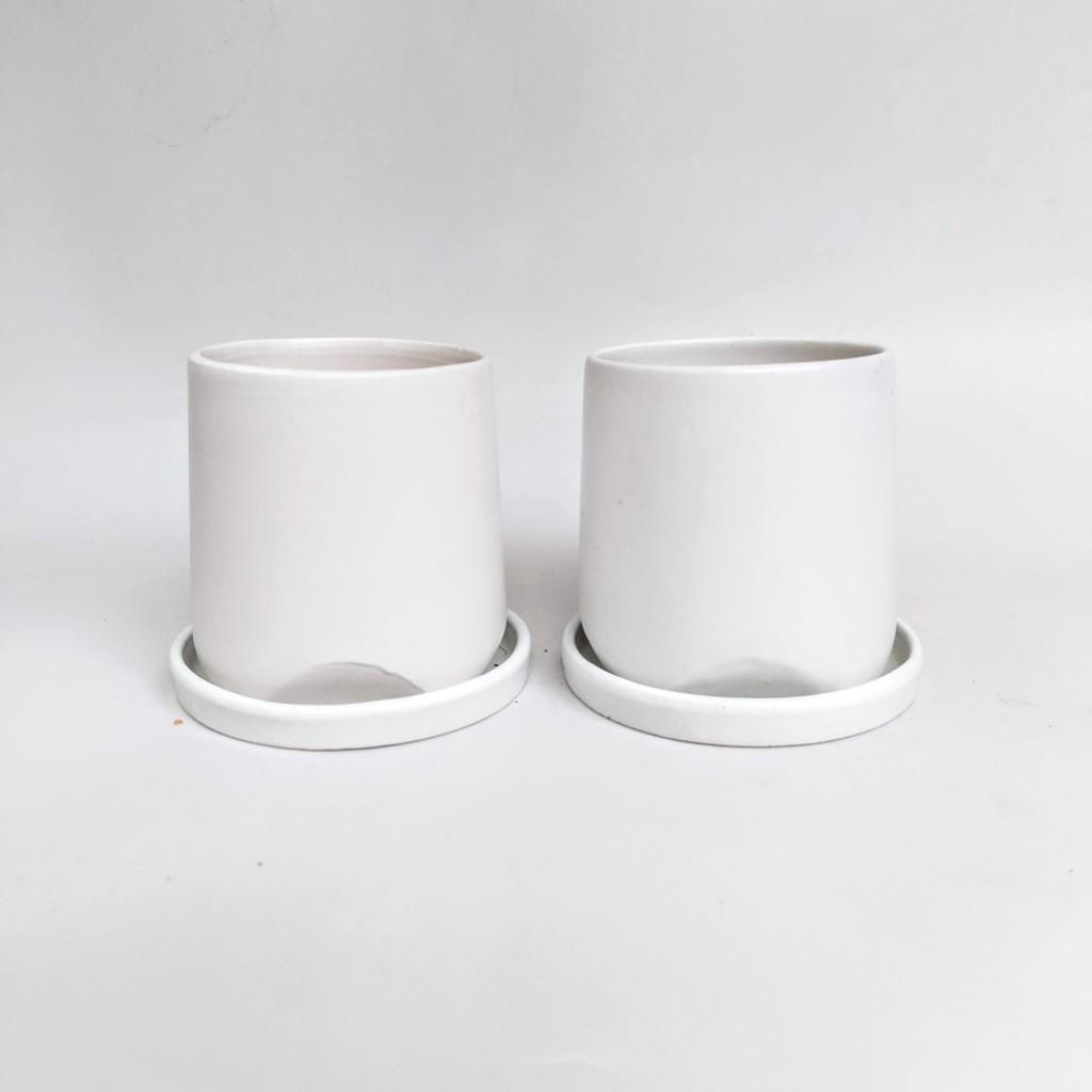 Chậu sứ trụ vát chân kèm đĩa hứng nước, phong cách hiện đại, phù hợp trồng cây để bàn, cây văn phòng, sứ Bát Tràng