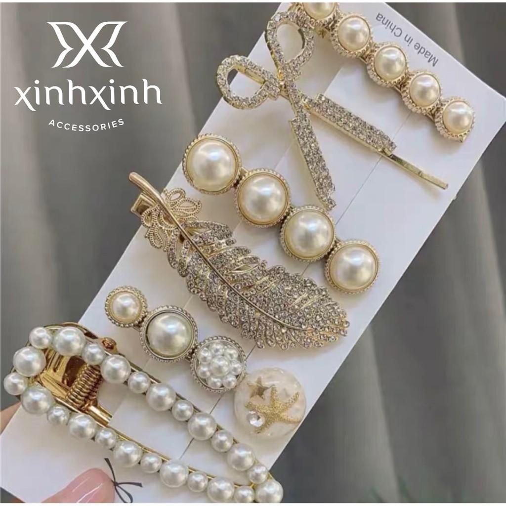 Kẹp tóc đính hạt dễ thương, sét 6 cặp tóc phong cách Hàn Quốc cho bạn gái điệu đà
