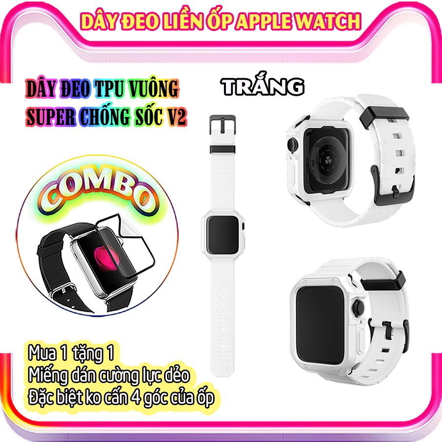 Dây Đeo khung ốp rời dành cho Apple Watch size 38/40/42/44mm TPU vuông SUPER chống sốc V2 - Trắng (tặng dán KCL theo size)