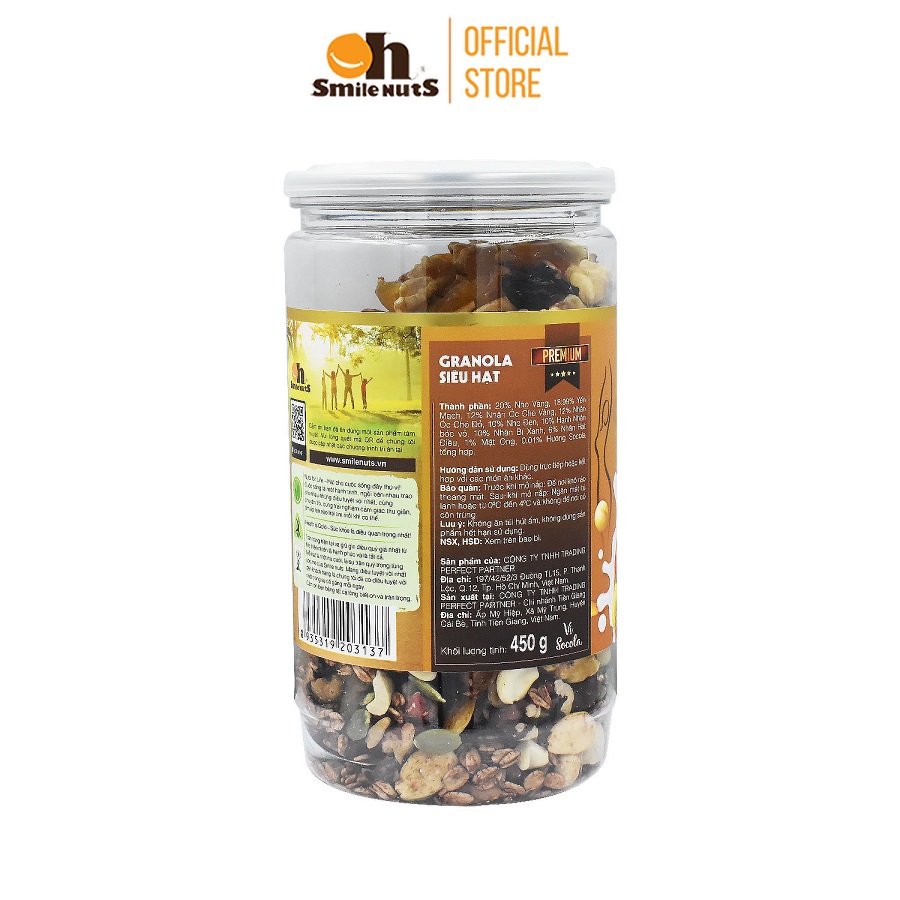 Granola ăn kiêng Siêu Hạt Smilenuts vị Socola hủ 450g - Gồm Hạnh Nhân bóc vỏ, Nho khô, Óc Chó, Yến Mạch, Hạt điều, Nhân bí xanh và Mật ong _ Ngũ cốc ăn kiêng Siêu hạt vị Socola