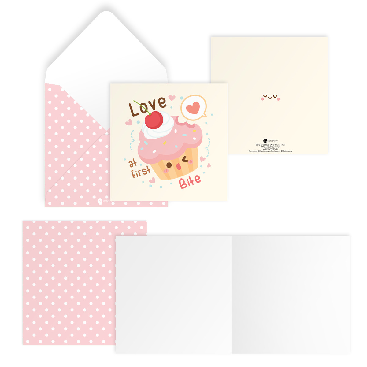 Thiệp tình yêu Valentine LOVE AT FIRST BITE vuông 12cm SDstationery CONFECTION bánh cupcake