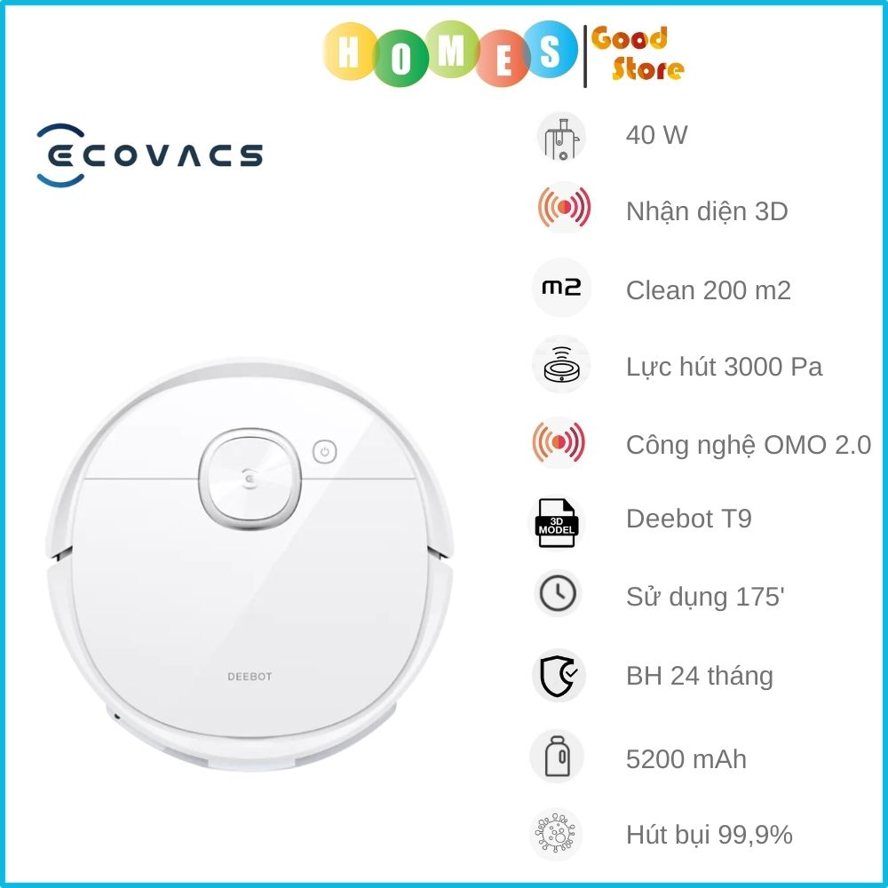 Robot Hút Bụi Lau Nhà ECOVACS Deebot T9 - Bản Quốc Tế Kết Nối App Công nghệ OZMO 2.0 Và Khử Mùi Lực Hút 3000 Pa, Phù Hợp Diện Tích 200m2, Công Suất 40W - Hàng Chính Hãng