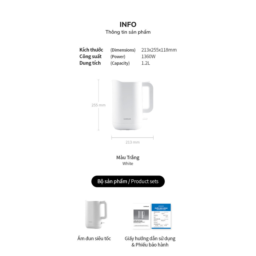 Ấm đun siêu tốc 1.2L giảm âm LocknLock Silent Electric Kettle - Màu trắng EJK216WHT - Hàng chính hãng