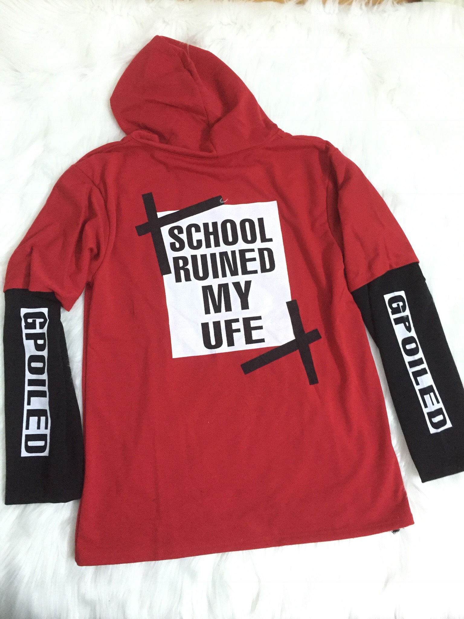 Áo hoodie unisex nam/nữ phối tay áo chất thun da cá in chữ SCHOOL RUINED MY LIFE. Ảnh thật trải sàn